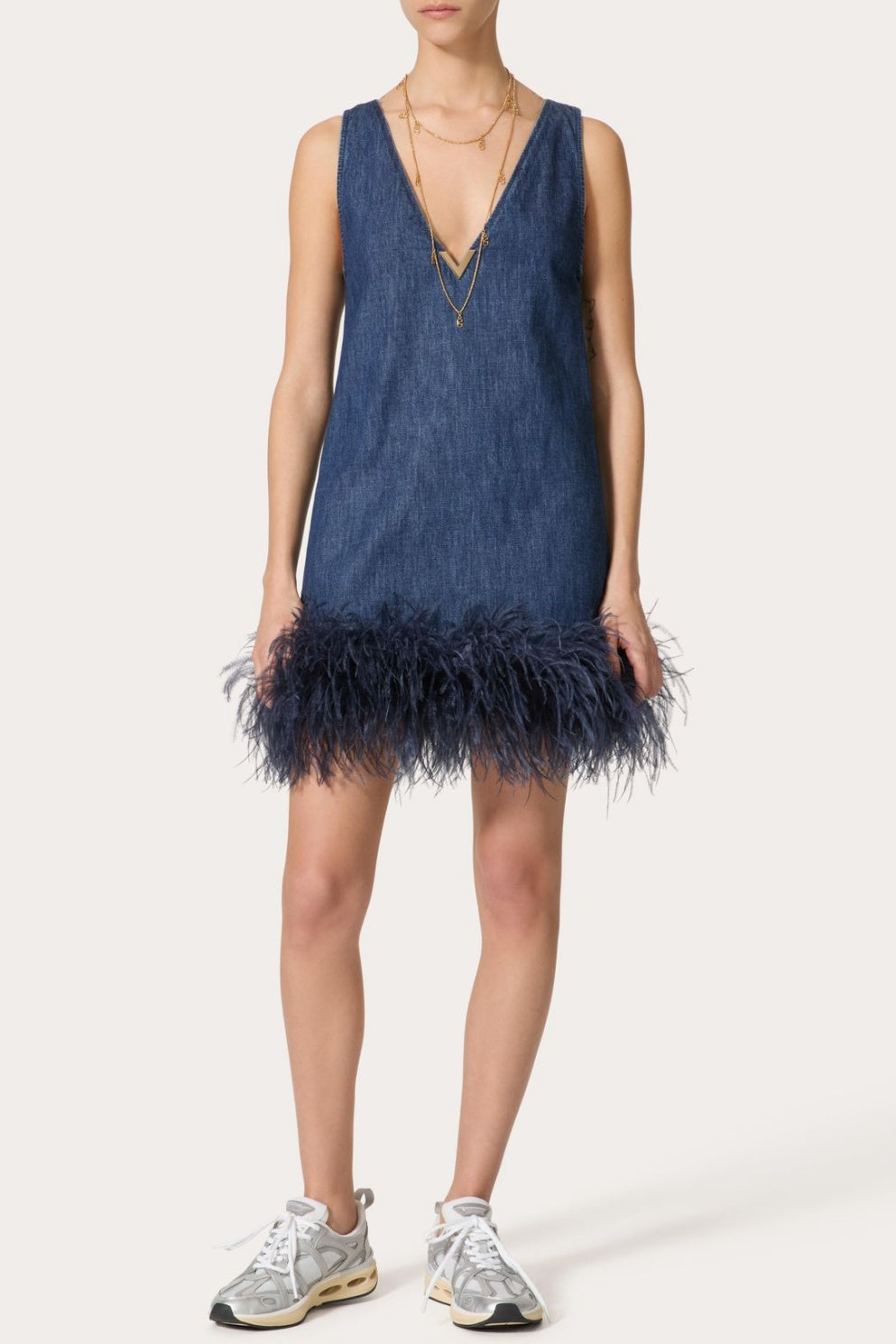 Poppa Feather Trim Denim Top