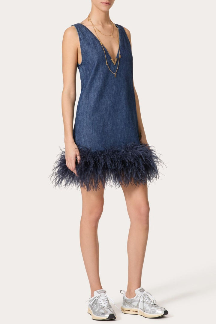 Poppa Feather Trim Denim Top