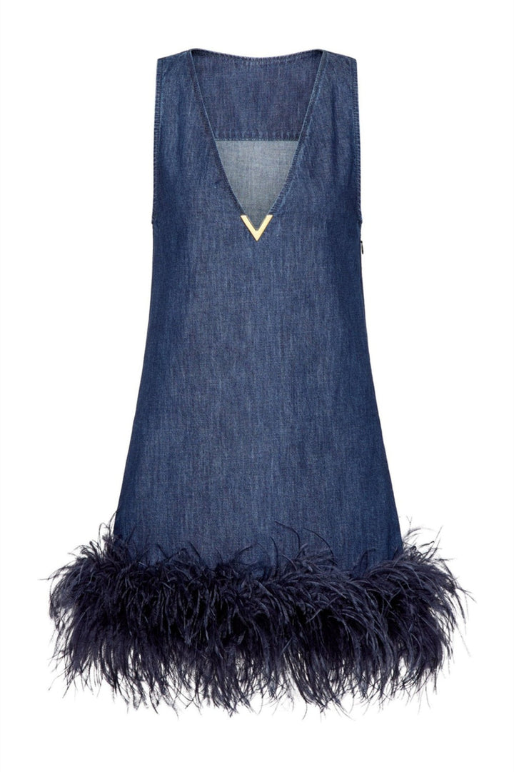 Poppa Feather Trim Denim Top
