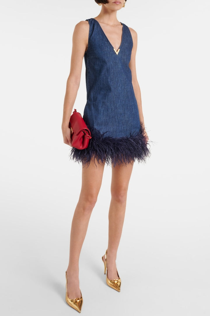 Poppa Feather Trim Denim Top