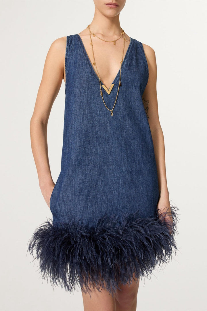 Poppa Feather Trim Denim Top